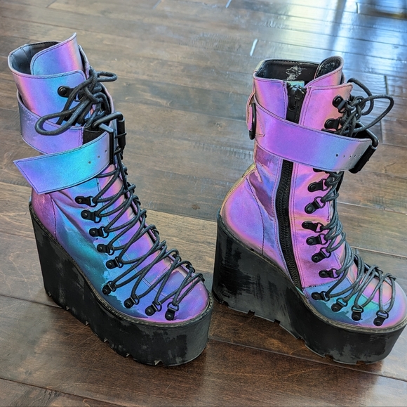 Dolls Kill Shoes - Clubexx rainbow reflective traitor boots